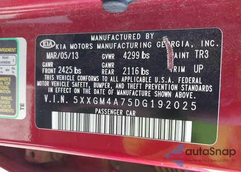 2013 Kia Optima Lx from USA, damaged, VIN 5XXGM4A75DG192025